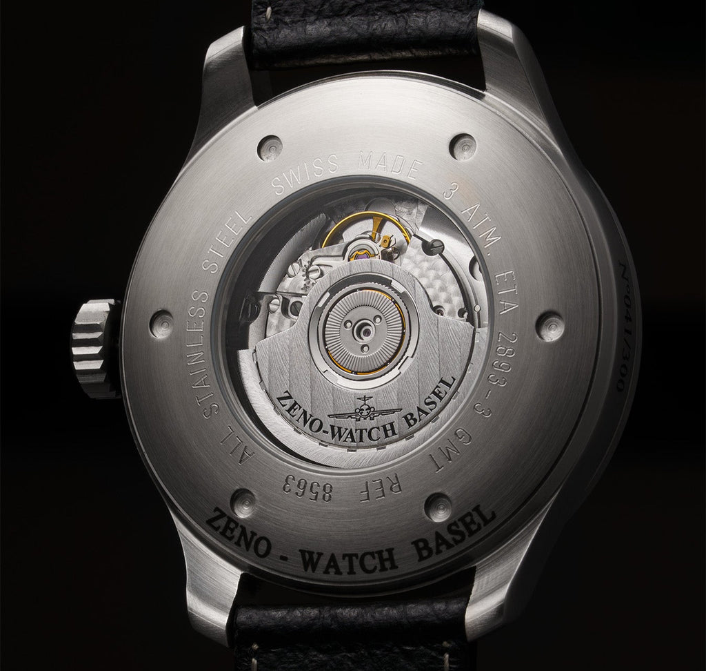 Back view of a Zeno-Watch Basel watch with visible mechanical components on a black background